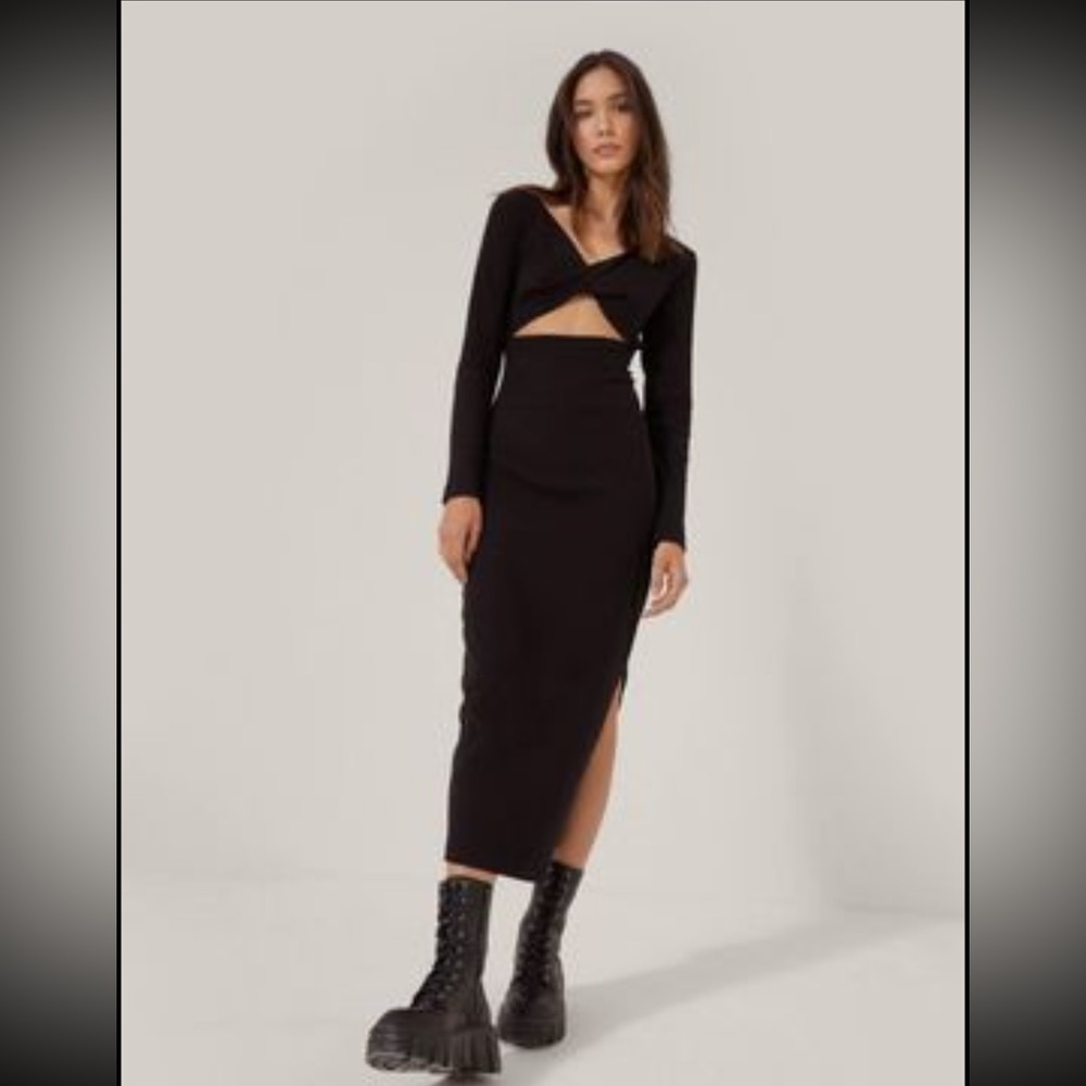 Black long sleeve, twist front top, maxi dress.
